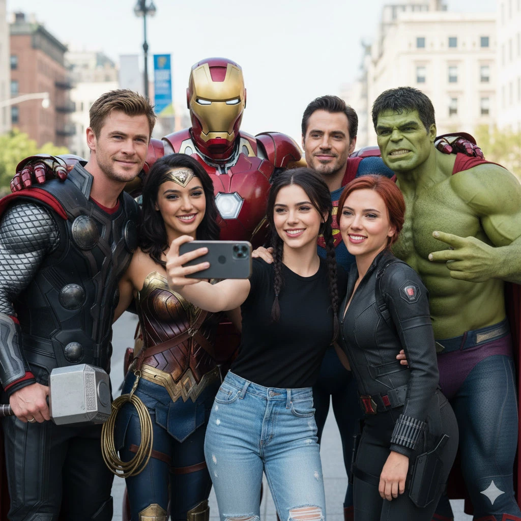 Group selfie with Marvel characters