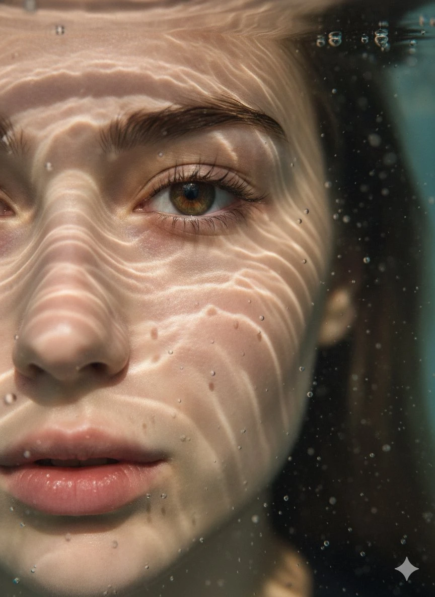 A hyper-realistic underwater close-up portrait with rich details