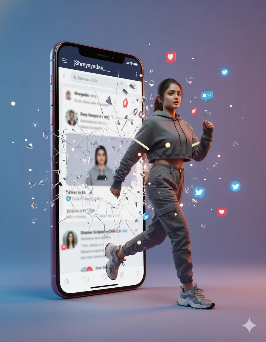 A woman walking out of a smartphone screen