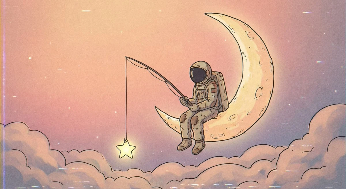 Astronaut sitting on the curved moon fishing for stars